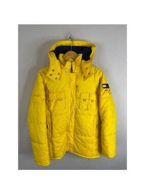 Vintage 90s Tommy Jeans Women M Yellow Hooded Puffer Jacket Fleece Lined Size M